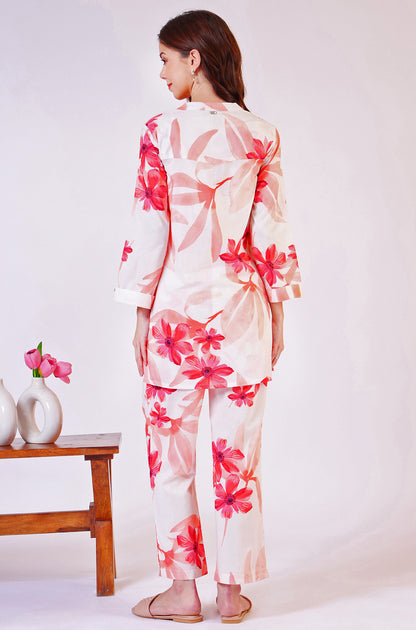 White Bold Floral Printed Pure Cotton Tunic and Straight Pants Co-ord Set - Image 2