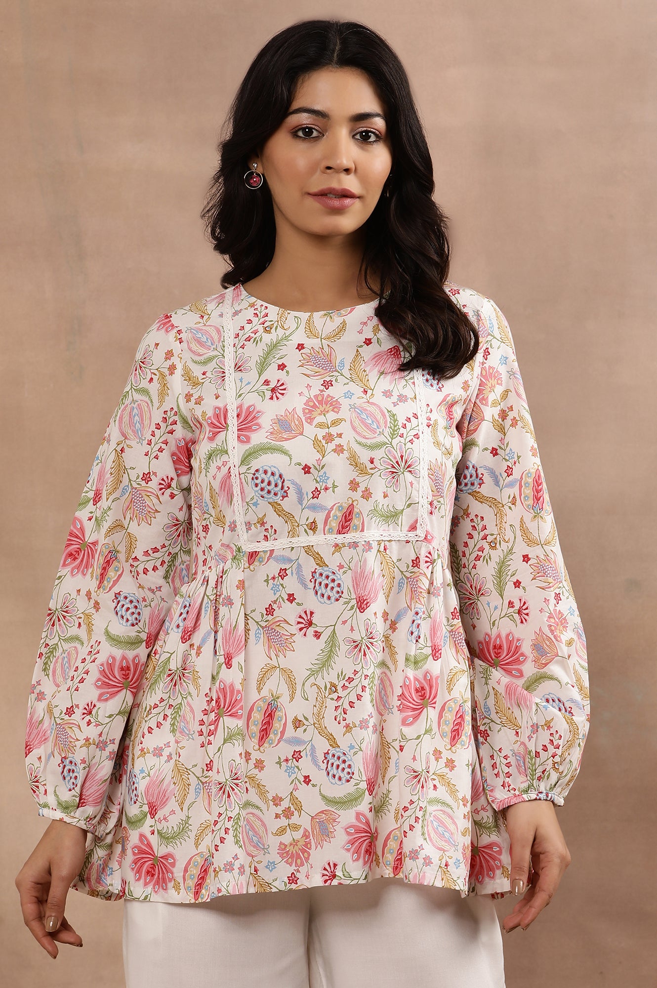 White Floral Printed Pure Cotton Top And Parallel Pants Set - Image 8